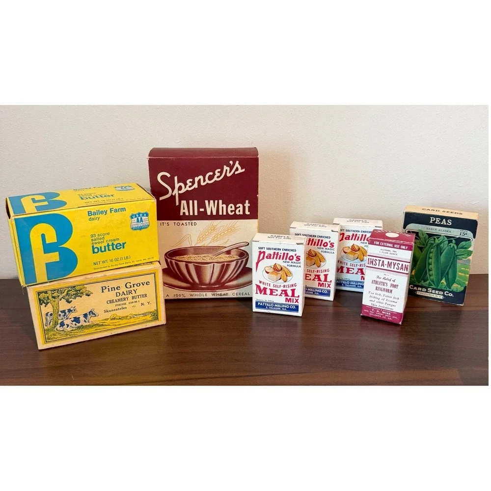 Vintage Advertising Box Lot Spencers Cereal Pattillos Meal Card Seed Butter Prop
